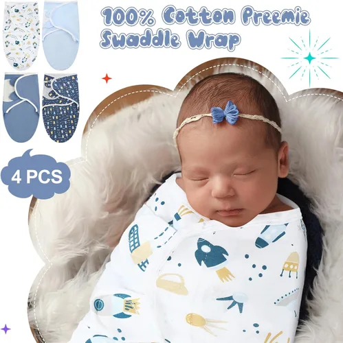 Miniatura 3 de Newwiee 4 piezas de envoltura para envolver al bebé prematuro ajustable, manta de algodón para envolver al bebé prematuro para recién nacidos, niños