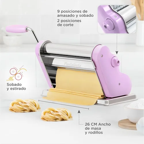 Miniatura 5 de PASTALINDA Máquina para hacer pasta Classic 260, rodillos de 10.2 in de ancho, 9 posiciones de grosor, 2 posiciones de corte, acero inoxidable, Lila