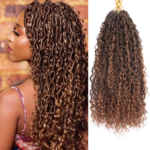 Miniatura 12 de Cabello de Crochet de 8 Pulgadas para Mujeres Negras, 7 Paquetes de Cabello de Crochet Goddess Locs con Puntas Rizadas, Locs Falsos Cortos con Bucle