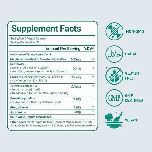 Miniatura 2 de ooioo Suplemento liposomal NAD+ - Suplemento de resveratrol NAD+ para mujeres y hombres - Apoyo energético y bienestar general - Sin OMG, cápsulas