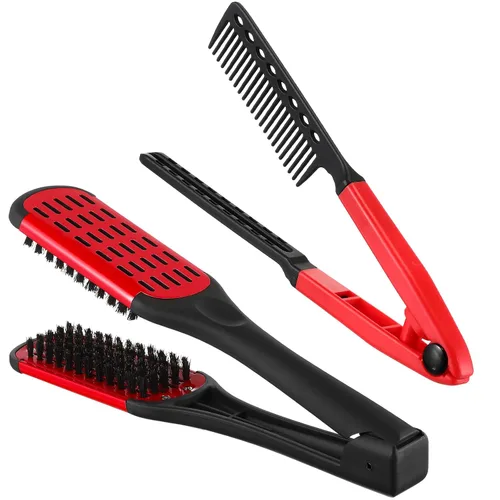Miniatura 14 de CHENGU 2 piezas de peines para alisar el cabello, pinza de cerdas de jabalí de doble cara y cepillo en forma de V para peinar el cabello, para Negro