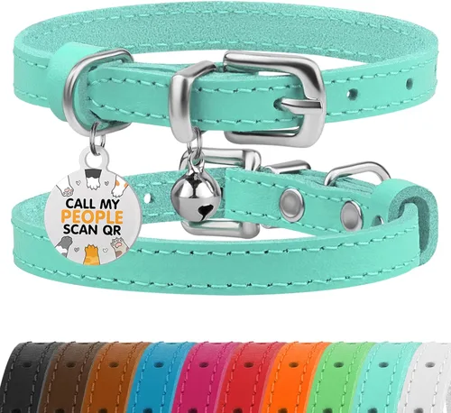 Miniatura 17 de BRONZEDOG Collar de cuero para gato con campanas extraíbles sin liberación rápida, etiqueta QR para gatito para niña y niño