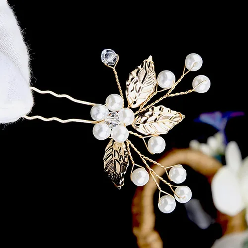 Miniatura 6 de 3 pinzas para el cabello de hoja dorada y perlas de cristal blancas para niñas y mujeres, damas de honor y niñas de flores, pinzas para el cabello
