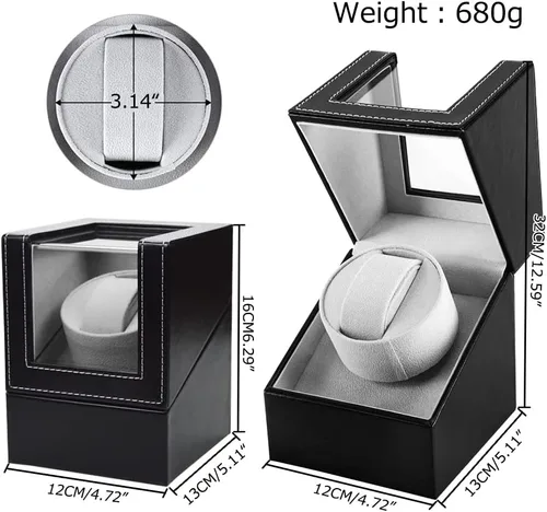 Miniatura 5 de Bobinadora automática de un solo reloj con motor japonés silencioso, en carcasa de madera y cuero negro, adaptador de CA o funciona