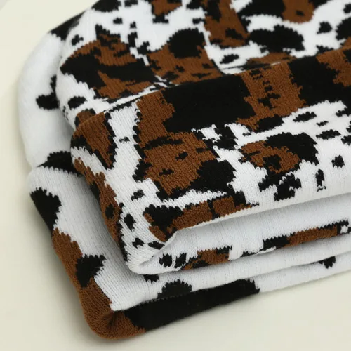 Miniatura 4 de GLOCALL Gorro con estampado de vaca, lindo gorro con estampado de vaca, gorro de otoño e invierno, gorro con puños, sombreros de punto cálido, gorra