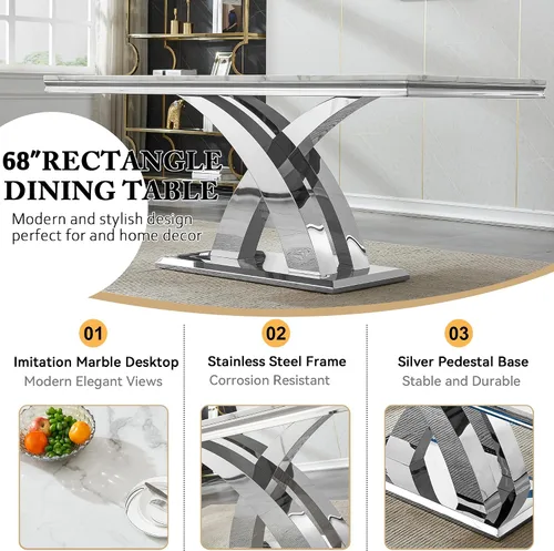 Miniatura 4 de Juego de mesa de comedor de mármol de lujo de 70 pulgadas para 4, juegos de mesa de cocina blanco y dorado para 4, mesa de comedor moderna de mármol