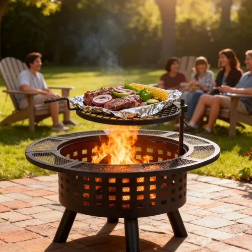 Miniatura 3 de Verdeluxe Hoguera al Aire Libre de 91 cm con Parrilla, Hogueras de Leña para Exteriores con Tapa y Atizador, Mesa de Hoguera 3 en 1 de Metal