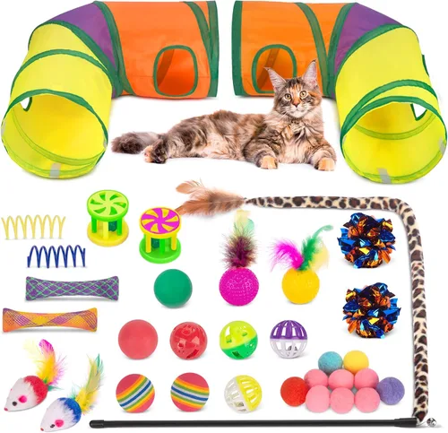 Miniatura 9 de Retro Shaw Paquete de juguetes para gatos, 33 unidades, juguetes interactivos para gatitos de interior, gatos, túnel de juego plegable para gatitos