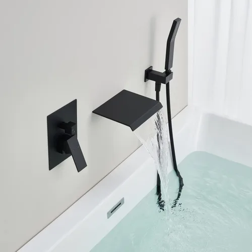 Miniatura 4 de Wowkk Llenador de bañera de montaje en pared, grifo de bañera en cascada, grifo de baño negro de latón con una sola manija con ducha de mano