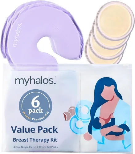 MyHalos Paquete de terapia de senos – 2 paquetes de terapia de mama caliente y frío y 4 almohadillas de hidrogel para pezones para lactancia materna