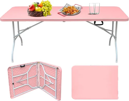 Miniatura 10 de Mesa plegable portátil de plástico de 4 pies/6 pies/8 pies, mesa de picnic y comedor de alta resistencia, color blanco y negro, plegable a la mitad