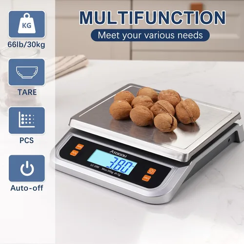 Miniatura 6 de Atogou Báscula de alimentos de 88 libras, báscula de cocina comercial enchufable con pantalla LCD de vista completa, acero inoxidable, para hornear