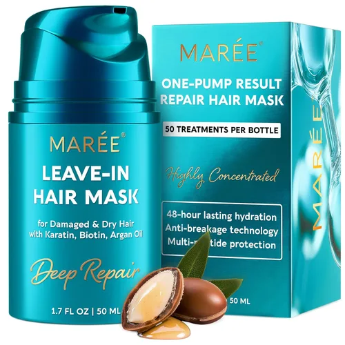MAREE Mascarilla capilar sin enjuague para cabello dañado - Tratamiento capilar de queratina con biotina, aceites naturales y vitaminas -