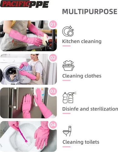 Miniatura 5 de PACIFIC 2 pares de guantes de goma reutilizables para lavar platos y tareas de limpieza, guantes resistentes al agua para el hogar, para la cocina