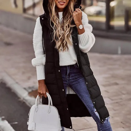 Miniatura 7 de Chaleco largo para mujer, sin mangas, acolchado, con cremallera, capucha, abrigo de invierno cálido, ligero, con bolsillos