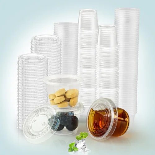 240 tazas pequeñas de plástico transparente para condimentos con tapas, recipientes de porciones de 1 oz, ideales para condimentos, aderezos de
