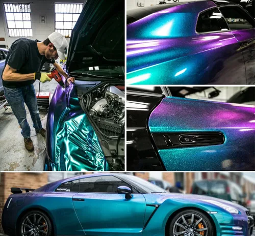 Miniatura 4 de LZLRUN Adhesivo de vinilo brillante brillante de color azul camaleón a morado con purpurina para interior del automóvil, lámina de cambio