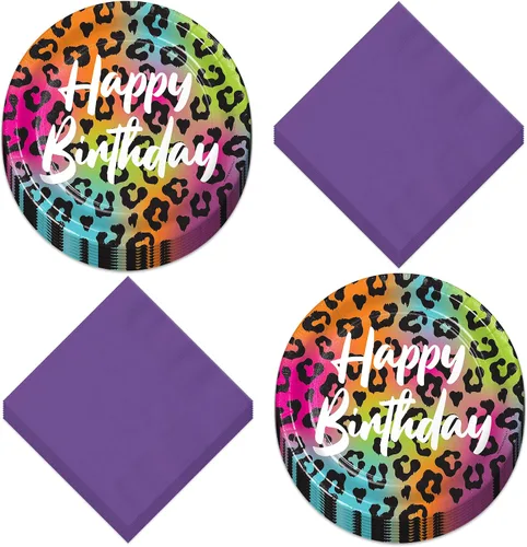 Miniatura 12 de Live It Up! Party Supplies Wild Child Happy Birthday - Platos de postre de papel con estampado de animales, servilletas y tazas de color rosa