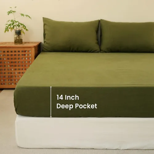 Miniatura 4 de Sábana bajera de 100 % lino lavado a la piedra, color sólido – (1 pieza) funda de colchón de 14 pulgadas de profundidad suave, natural y Oliva