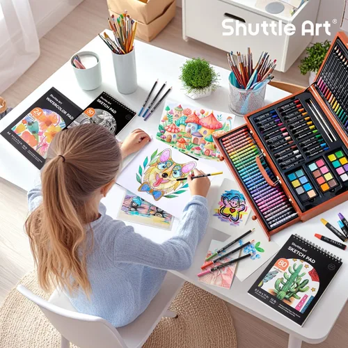Miniatura 8 de Shuttle Art - Juego de 149 piezas de arte de lujo, suministros de arte en estuche de madera, kit de dibujo y pintura con crayones, lápices de Marrón