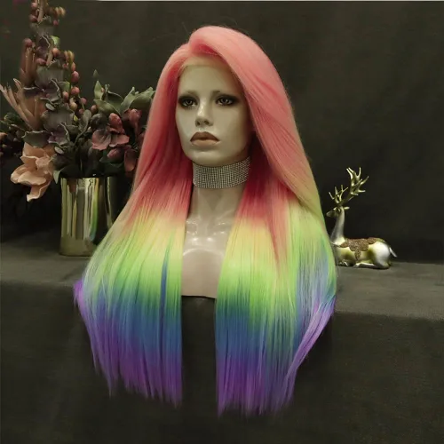 Miniatura 2 de IMSTYLE Pelucas sintéticas rectas con encaje frontal de colores arcoíris de 26 pulgadas, línea de cabello natural para Halloween, cosplay, fiesta