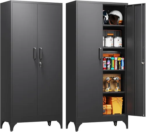 Miniatura 27 de Yizosh Armario de almacenamiento de metal para garaje con 2 puertas y 5 estantes ajustables, gabinete de archivo de acero con cerradura de 71