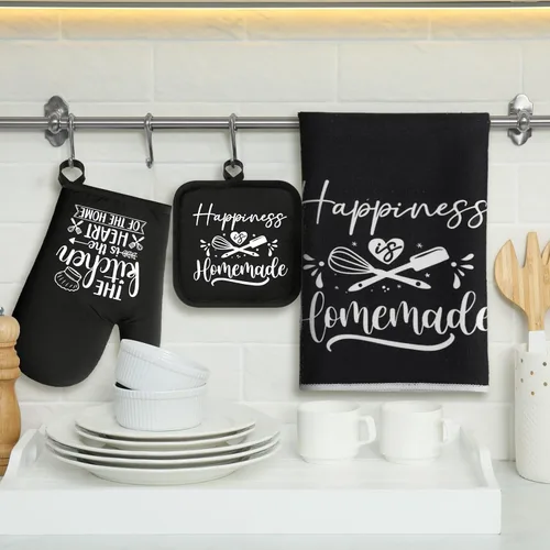 Miniatura 2 de Sratte Juego de 6 Piezas de Accesorios de Decoración de Cocina Estilo Granja Toallas Agarraderas Manoplas de Horno Juego de 2 Paños de Cocina 2 Negro
