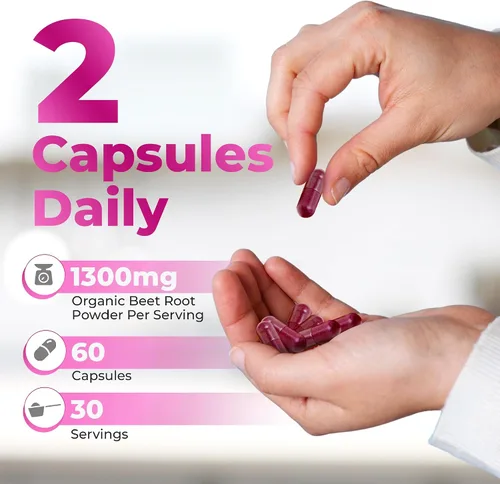 Miniatura 3 de Cápsulas orgánicas de raíz de remolacha – 1300 mg de polvo de remolacha por porción – Soporte de circulación y resistencia – Sin OMG, veganas, sin