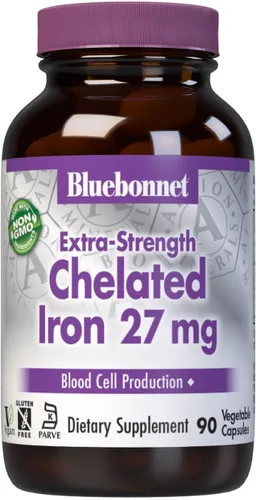 Bluebonnet Nutrition Albion - Hierro quelado extra fuerte de 27 mg, para una producción saludable de glóbulos rojos*, sin soja, sin gluten, sin OMG,