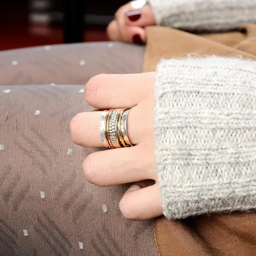 Miniatura 7 de Boho-Magic Anillo giratorio de plata de ley 925 con anillos antiestrés de latón y cobre para mujer de banda ancha