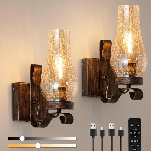 Vintage Farmhouse Wall Sconces, Battery Operated Wall Lamps, Rechargeable Wall Lights, Ice Crackle Glass Rustic Non-Hardwired Antique Kerosene Wall