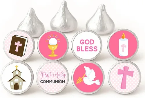 Etiquetas para la primera comunión de Hershey Kisses Chocolates de Adore By Nat - Calcomanías de caramelo rosa - Juego de 240 unidades