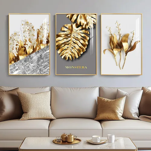 Miniatura 23 de Arte de pared moderno enmarcado en blanco y negro, 3 piezas de impresiones contemporáneas grandes para paredes, juego de 3 imágenes de hojas doradas