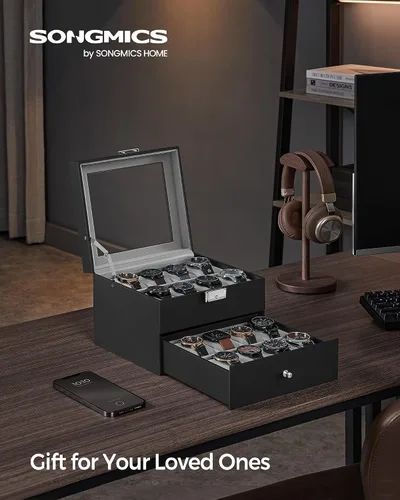 Miniatura 2 de SONGMICS Caja de reloj de 16 ranuras, caja de reloj con tapa de vidrio, 2 capas, vitrina de reloj con cerradura, cuero sintético negro, forro gris