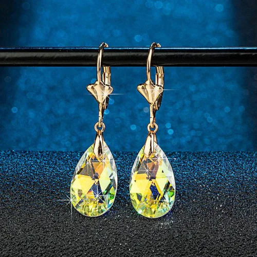 Miniatura 3 de Aretes con dijes con forma de lágrima de cristal austriaco, para mujer, cierre catalán, chapados en oro de 14quilates joyas hipoalergénicas