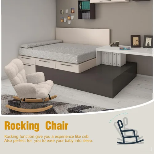Miniatura 7 de Gaussen Mecedora planeadora para guardería, cómoda silla decorativa con respaldo alto, sillas de sala de estar tapizadas suaves para lectura, Blanco