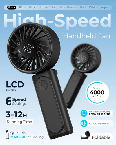 Miniatura 2 de Peiyuu Ventilador de mano, ventilador portátil, recargable personal de 4000mAh, mini ventilador de escritorio plegable de 180° con 6 velocidades