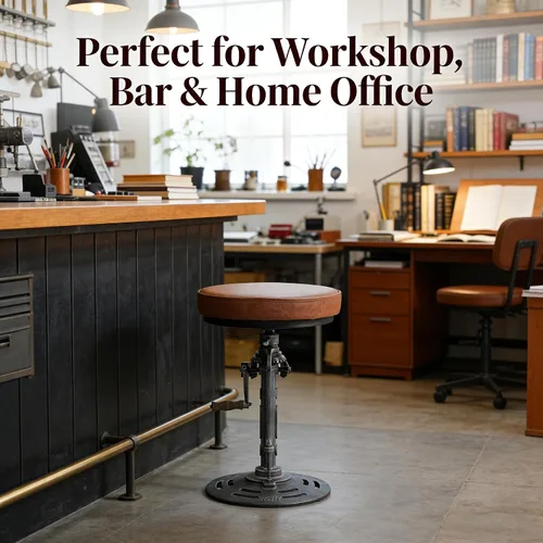 Miniatura 4 de LOKKHAN Taburete de bar industrial vintage estilo steampunk americano, estilo retro, base de hierro fundido giratoria, parte superior de cuero