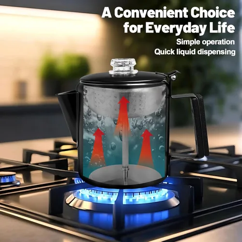 Miniatura 8 de Percolador de 6 Tazas de Acero Inoxidable 304 Cafetera Máquina de Café con Mango de Madera Sólida Perilla Transparente Estufa Greca Mocha