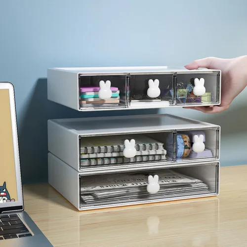 Miniatura 9 de Marbrasse Organizador de escritorio con 6 cajones, cajones de almacenamiento apilables de 3 niveles, almacenamiento de maquillaje de plástico