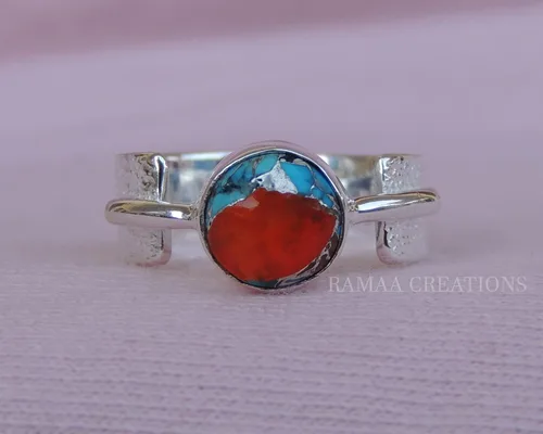 Miniatura 2 de Spiny Oyster Copper Turquoise Ring Handmade Round Turquoise Silver Ring Statement Handmade Jewelry Sterling Silver 925