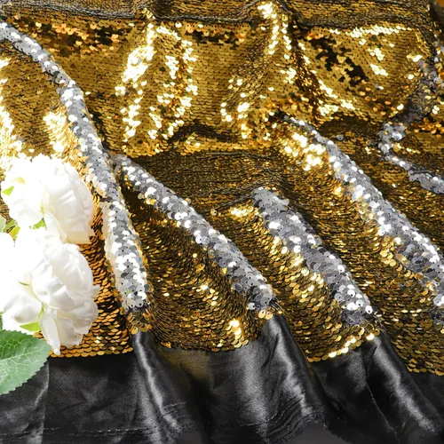 Miniatura 3 de Partisout Tela de lentejuelas reversible de 1 yarda: plata a oro de dos tonos, tela de purpurina de sirena para vestidos de bricolaje, telones