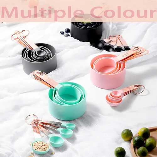 Miniatura 7 de Juego de tazas y cucharas medidoras con mango de acero inoxidable de oro rosa, 8 cucharadas apilables y precisas para medir ingredientes secos