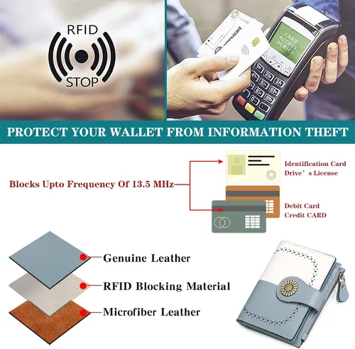 Miniatura 4 de SENDEFN Cartera pequeña de cuero plegable para mujer, con bloqueo RFID y bolsillo para monedas con cremallera, 5-Azul y blanco, Cartera pequeña