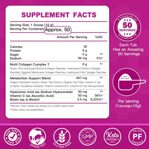 Miniatura 2 de ZEBORA Polvo de péptidos de colágeno 50 porciones, multicolágeno hidrolizado tipo I II III V X con ácido hialurónico, biotina, vitamina C – Apoya