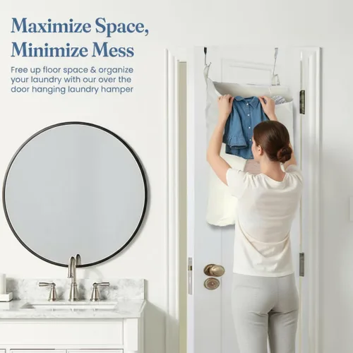 Miniatura 3 de The Fine Living Co. - Cesto colgante para ropa sucia con ganchos para la puerta y adhesivo, bolsa de lavandería duradera que ahorra espacio