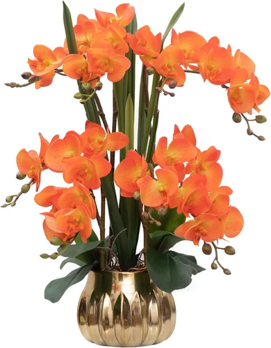 Miniatura 17 de CXGS Planta de orquídeas artificiales de tacto real, orquídeas falsas en jarrón de cerámica, naranja, 19.7 pulgadas, arreglo floral falso