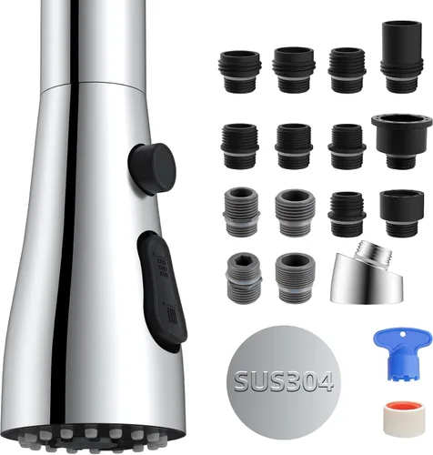 Miniatura 10 de Hibbent Cabezal rociador extraíble de metal para grifo de cocina, boquilla rociadora para fregadero de cocina con 15 adaptadores, repuesto