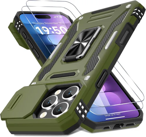 Miniatura 377 de DEERLAMN Funda para iPhone Xs Max con funda deslizante para cámara + protector de pantalla, soporte giratorio de anillo de grado militar a prueba