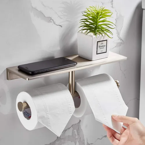 Miniatura 4 de Soporte de papel higiénico de doble rollo con estante de latón macizo y dispensador de pañuelos de estilo hotelero superior, almacenamiento
